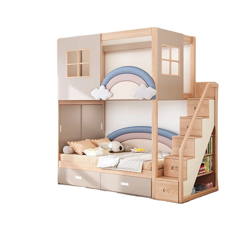 

*Customizable Solid Wood High and Low Bed Rainbow Princess Bunk Bed with Tree Hole Design for Children's Bedroom or Apartment