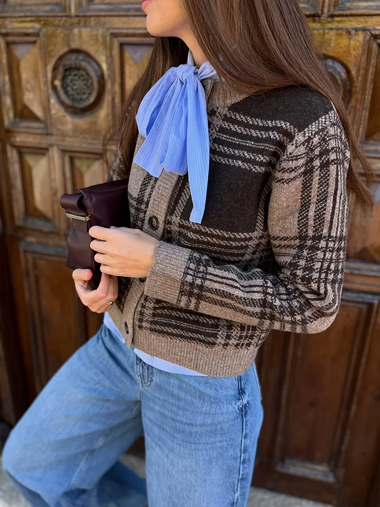 HH, nueva moda para mujer, abrigos de punto elegantes a cuadros con cuello redondo, manga larga, botonadura única, cárdigans sueltos informales de otoño para mujer