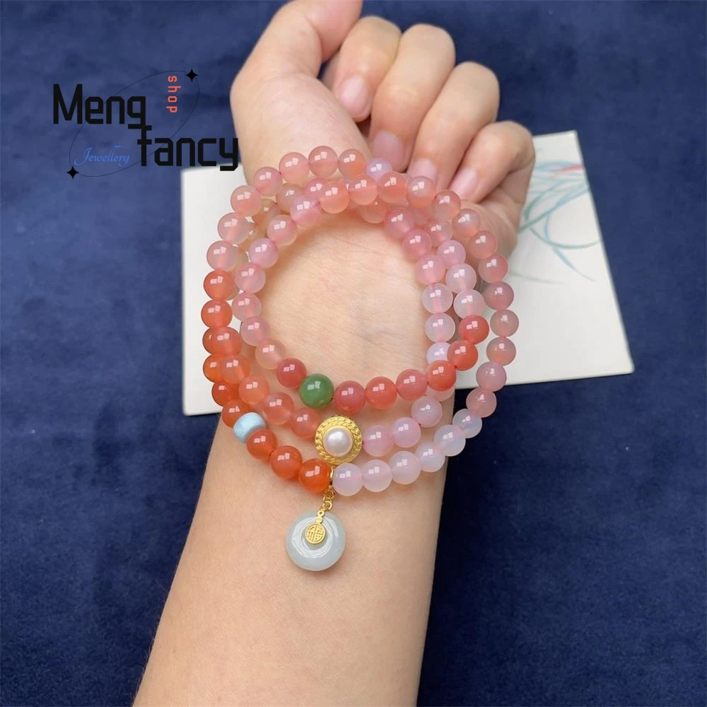 Natural Agate Gradient Colour Triple Loop Jadeite Peace Buckle Exquisite Elegant Simple High-grade Bracelet Fashion Fine Jewelry