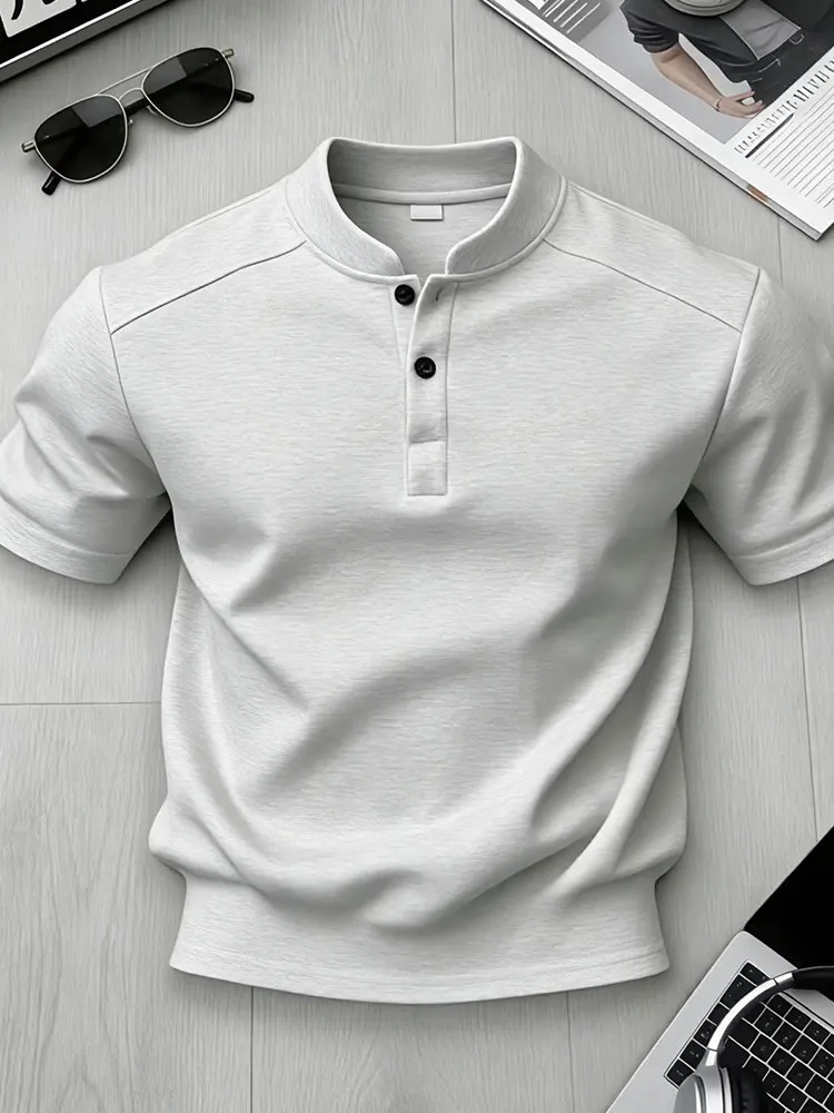 American Henry Collar Short Sleeve  Shirt Men's Heavyweight High-End Casual Fashion CleanFit Half Sleeve T-Shirt Breathable