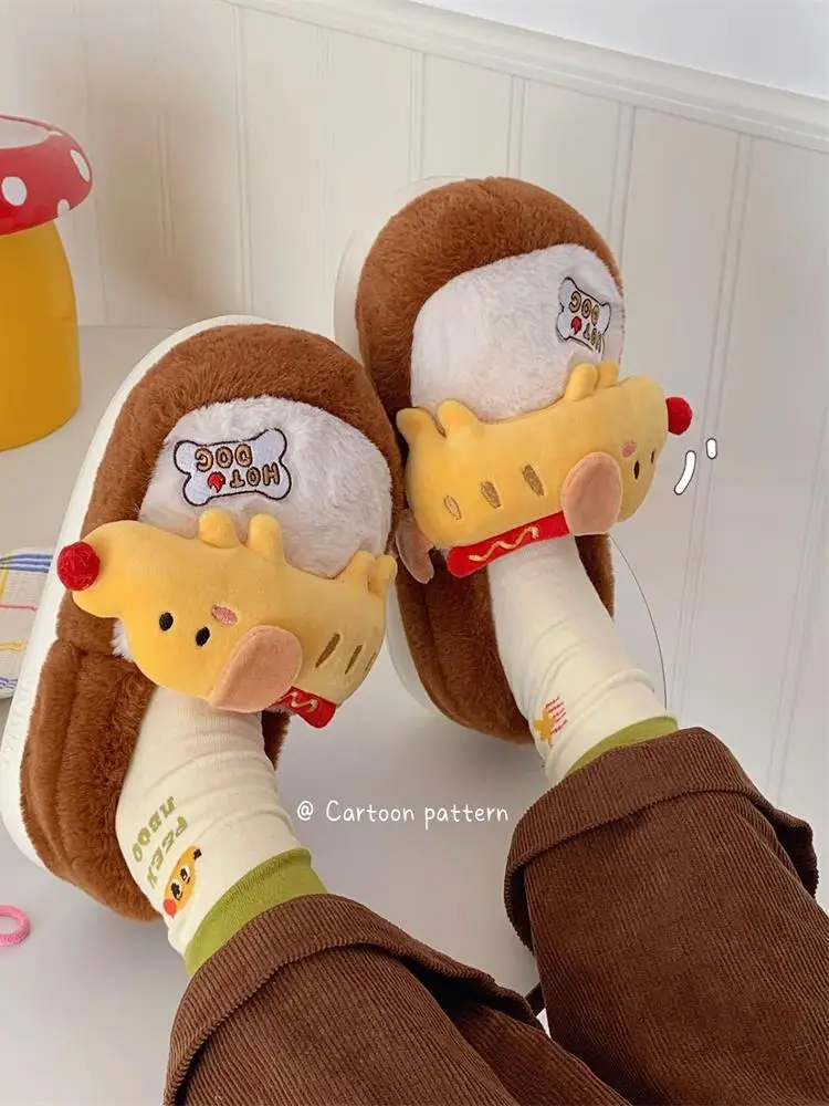 Cute 3D Sausage Dog Cotton Home Slippers For Winter Man Women Indoor Household Comfort Plush New Cute Women's Floor Shoes
