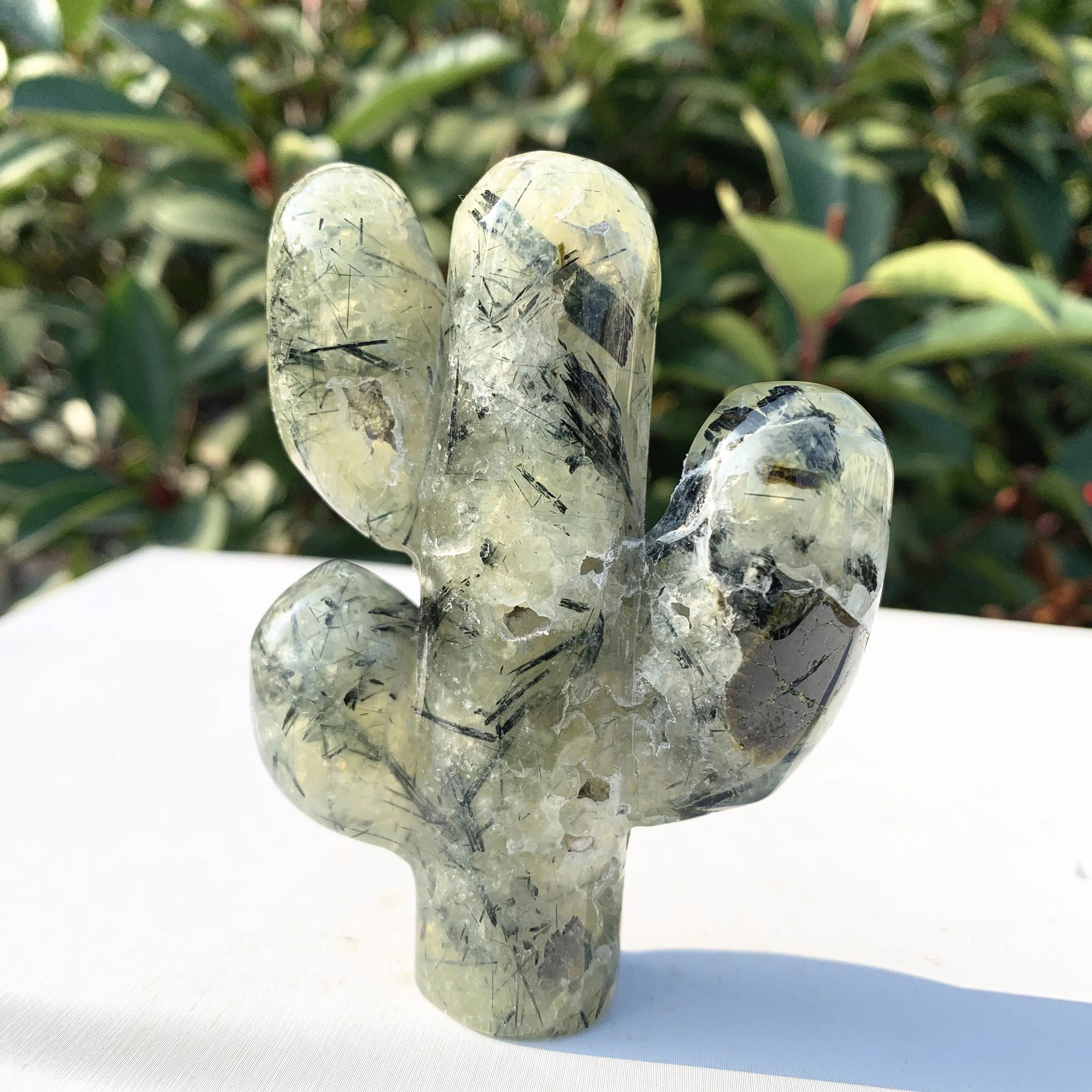 Natural prehnite carved cactus gemstone crystal Plant statue