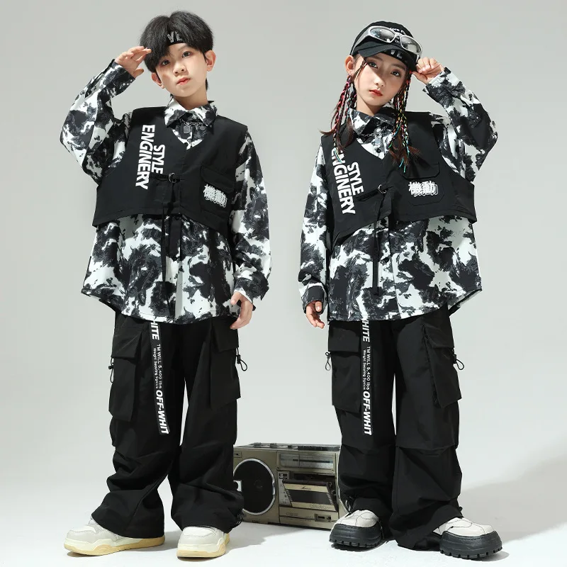 

Kid Hip Hop Clothing Black Print Shirt Crop Vest Casual Wide Parachute Cargo Pants for Girl Boy Jazz Dance Wear Costumes Clothes