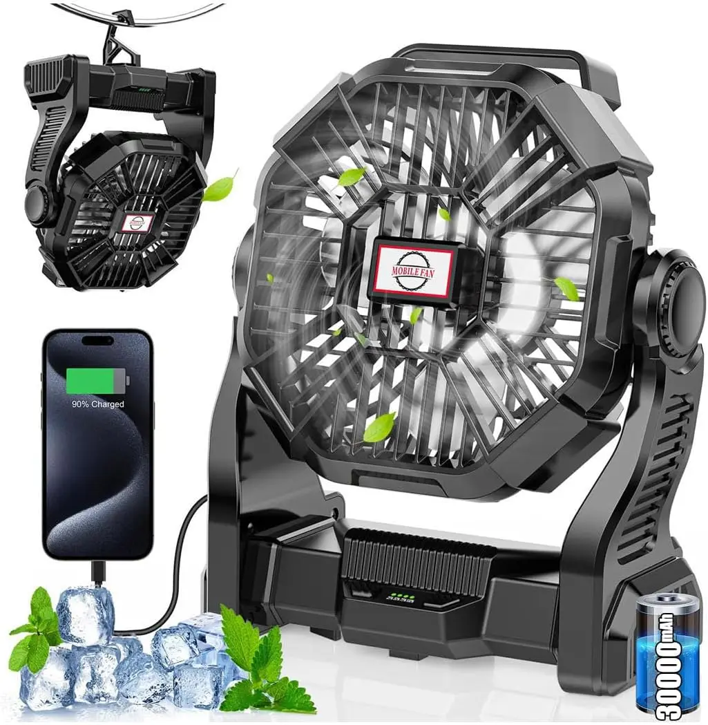 2026 Neues Upgrade 30000mAh Wiederaufladbarer Camping-Ventilator mit LED-Laterne, Tragbarer Batteriebetriebener Outdoor-Ventilator für Schlafzimmer, Camping, Reisen