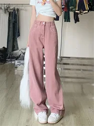 Y2k Pink High Waist Causal Wide Leg Jeans Women Straight 2024 New Spring Straight Leg Loose Fitting Slimming American Denim Pant