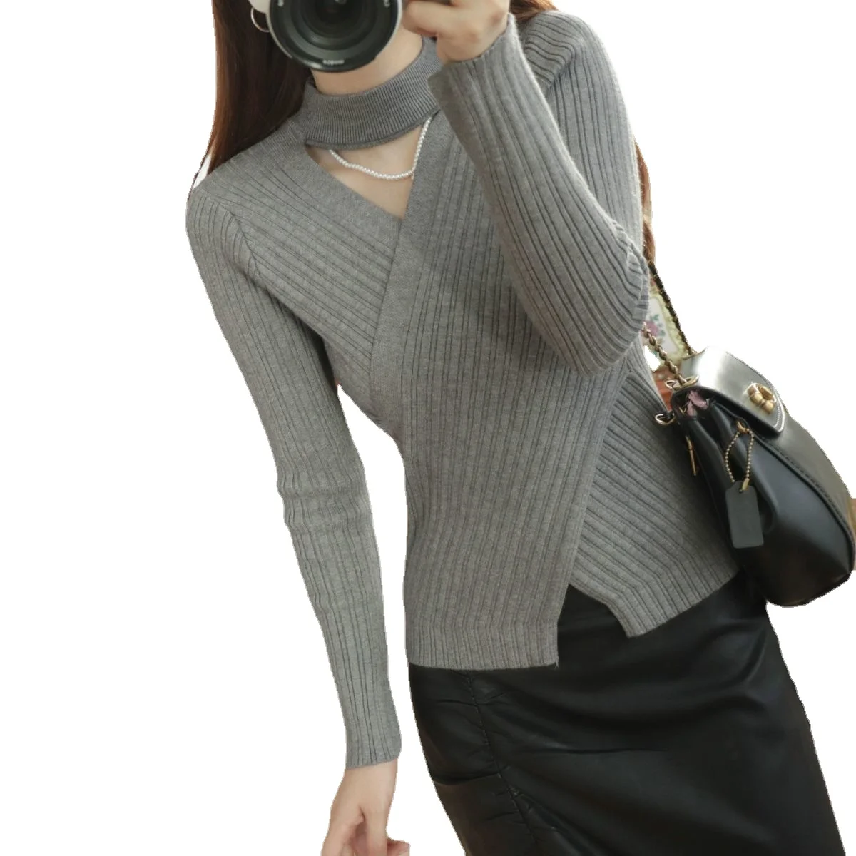 

Popular fashion knitted sweater pullover women's spring and autumn scarf neck slim plus size cross top