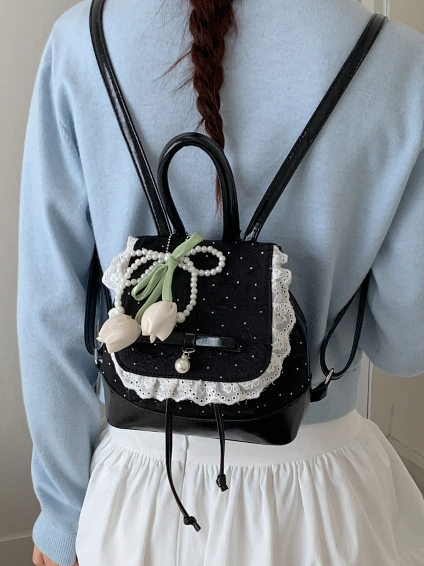 Ballet Style Lace Nail Bead Backpack Korean Version Fashion High-End Commuting Backpack Exquisite Butterfly Women's Handbag