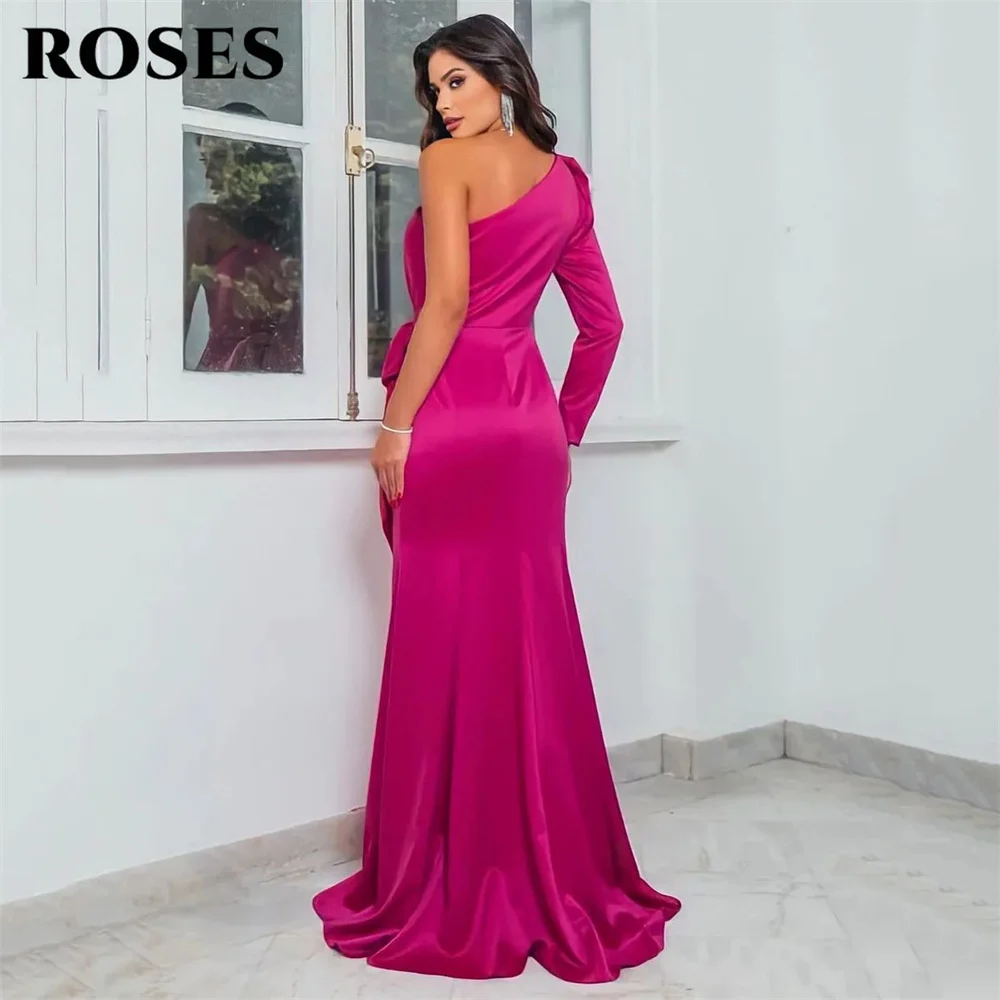 ROSES-vestido de noche fucsia para mujer, traje de sirena de manga larga con un hombro, de satén, con lazo en la cintura, para fiesta de graduación