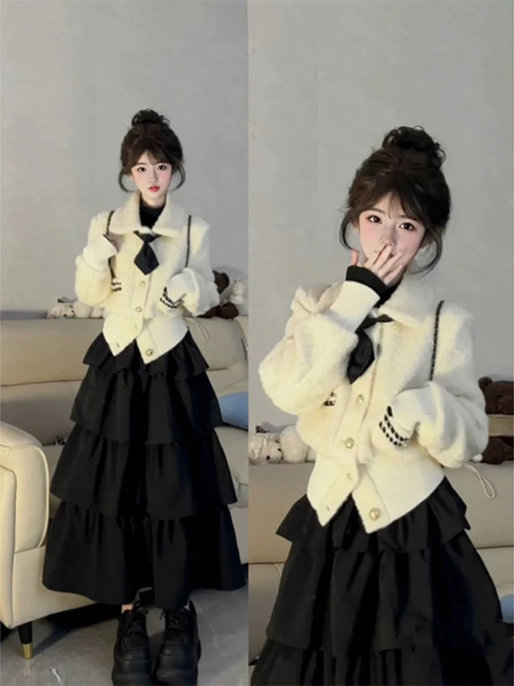 

Зимний воротник с лацканами и талией, маленькое пальто в ароматном стиле + юбка трапециевидной формы для торта, комплект из двух предметов, женский милый и элегантный комплект