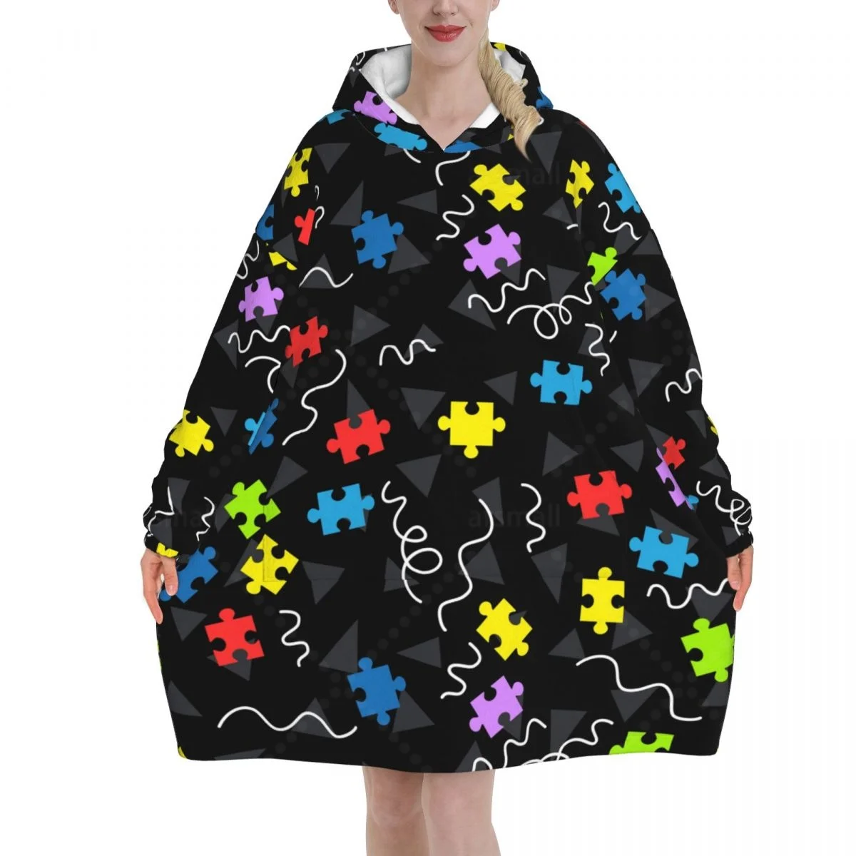 

Puzzle Piece Wearable Flannel Blanket Hoodie Oversized Hooded Blanket Pullover Sweatshirt Fleece Sherpa Blankets