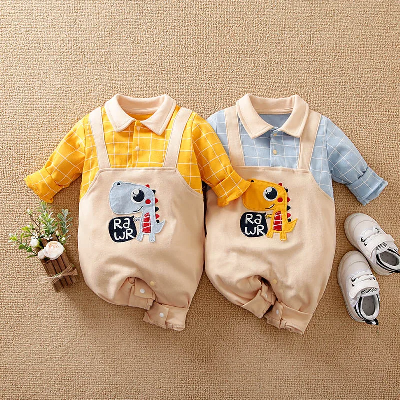 Newborn Clothes Cute Cartoon Strap Dinosaur Embroidery Casual Cotton Soft Spring And Autumn Long Sleeved 0-18 Baby Jumpsuit