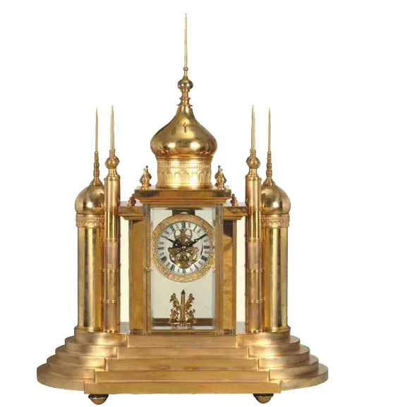 Antique Floral Cloisonne Brass 15 Days Mechanical Mosque Table Clock Powered by Battery, Striking on Half & Hour, Alarming