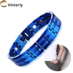 Vinterly Blue Magnetic Bracelet Men 13mm Stainless Steel Chain Link Bracelets Male Punk Health Energy Bracelet for Men Jewellery