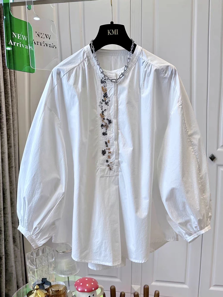 2025年新作 レディース ゆったり ラウンドネック ドールシャツ ランタンスリーブ 中華風トップス おしゃれ 着痩せ効果