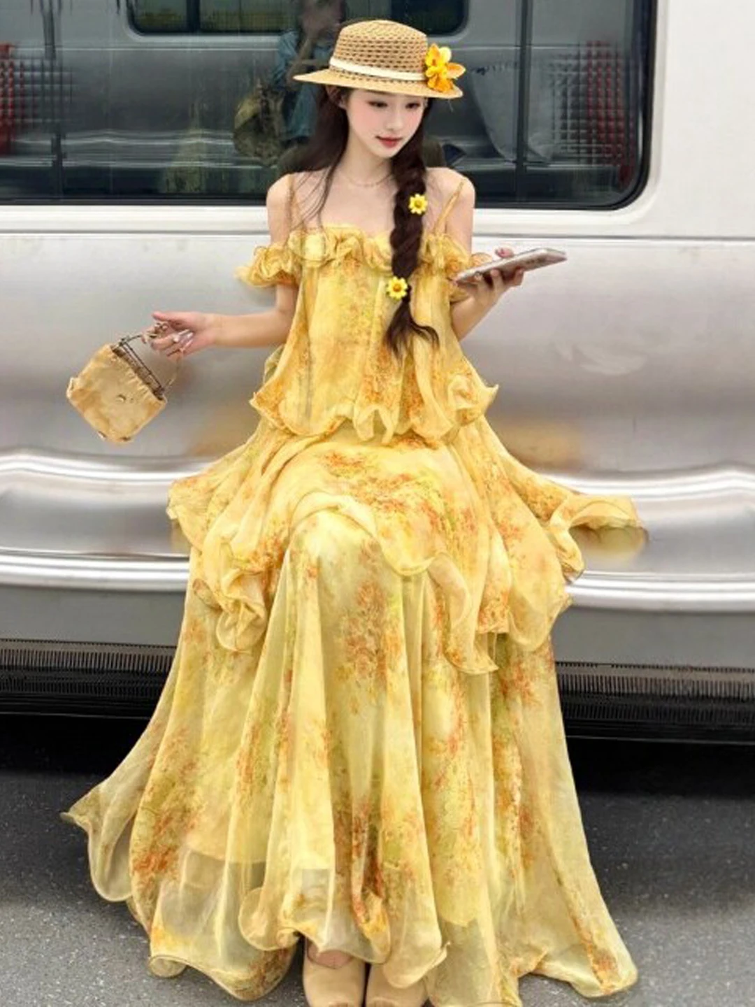 

Summer Floral Print Chiffon One Shoulder Dress Vacation Style High Waist Loose Fit Casual Elegant Women's Dress Citywalk