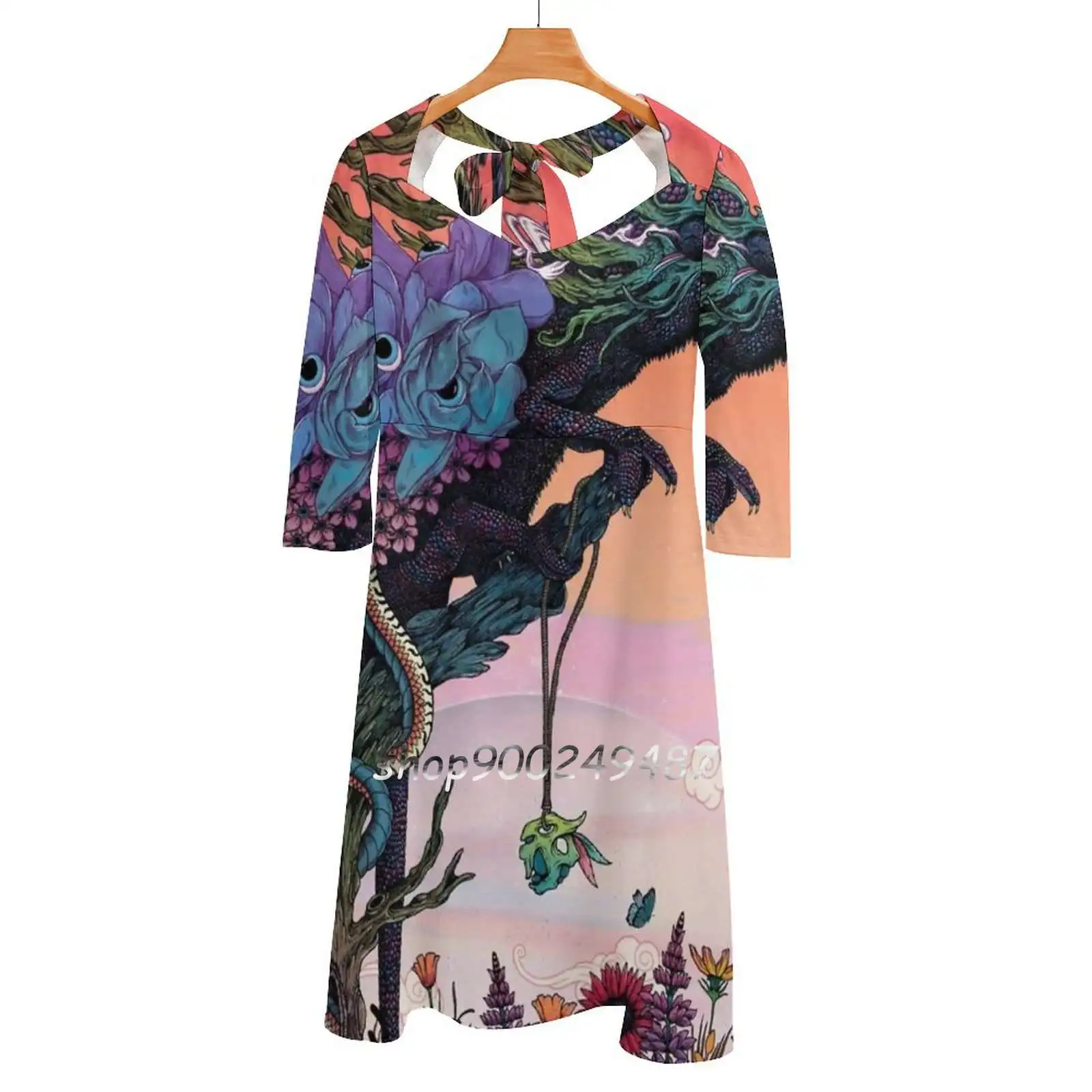 Phantasmagoria Square Neck Dress Cute Loose Print Dresses Elegant Beach Party Dress Chameleon Surreal Sci Fi Space Sunset