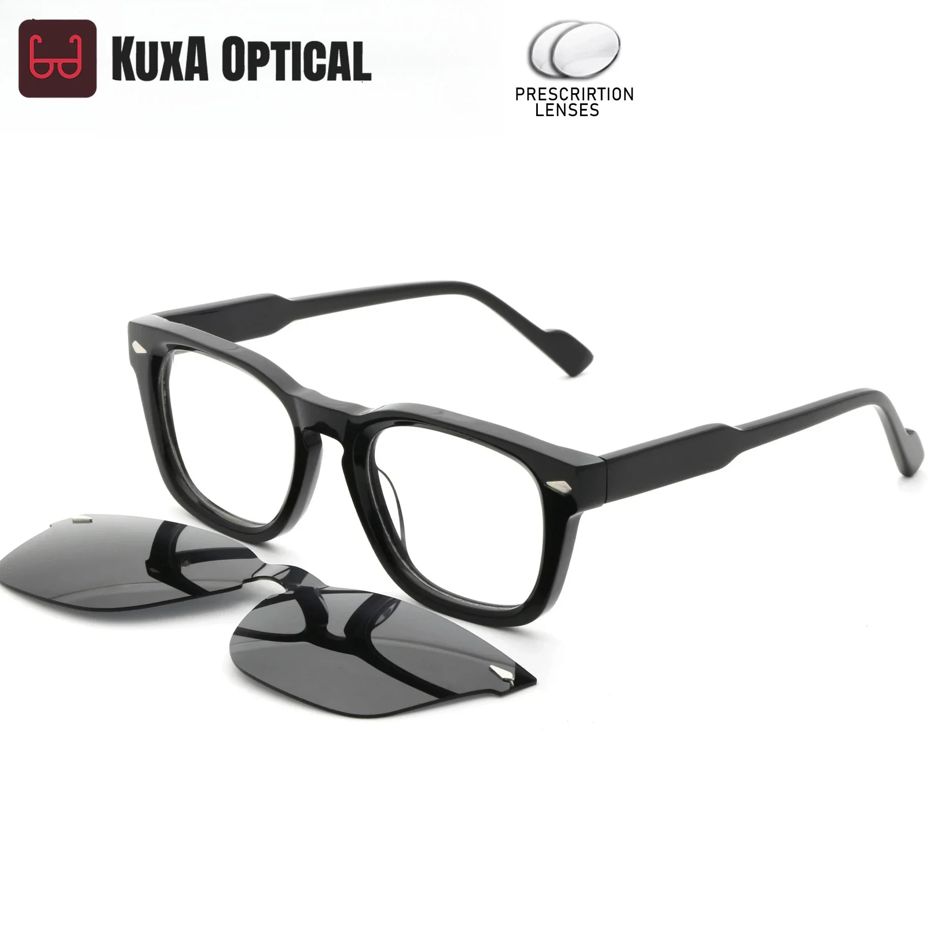 

KUXA Magnetic Clip Sunglasses Optical Eyewear Acetate Prescription Glasses Progressive Lenses SPH Hyperopia Eyeglasses For Men