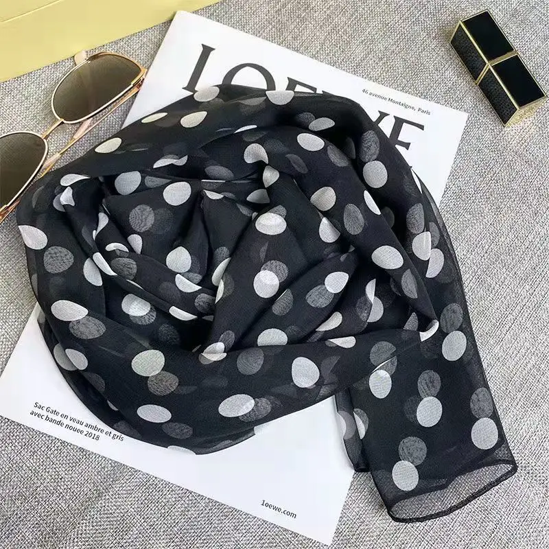 Women dot Silk thin scarf georgette Scarf Bandana Elegant Long Shawl Hijab Summer Sun Protection Beach Sunscreen Thin Hijab