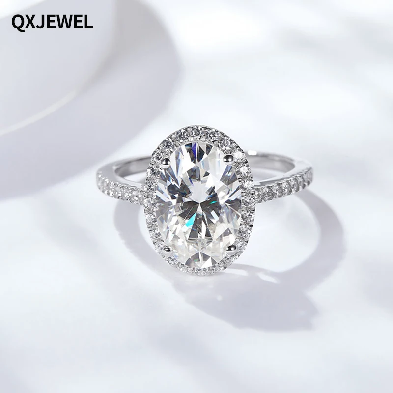 

QXJEWEL 925 Silver Oval Moissanite Ring 4.5 Carat D Color Vvs Prong Setting For Women Engagement Free Shipping