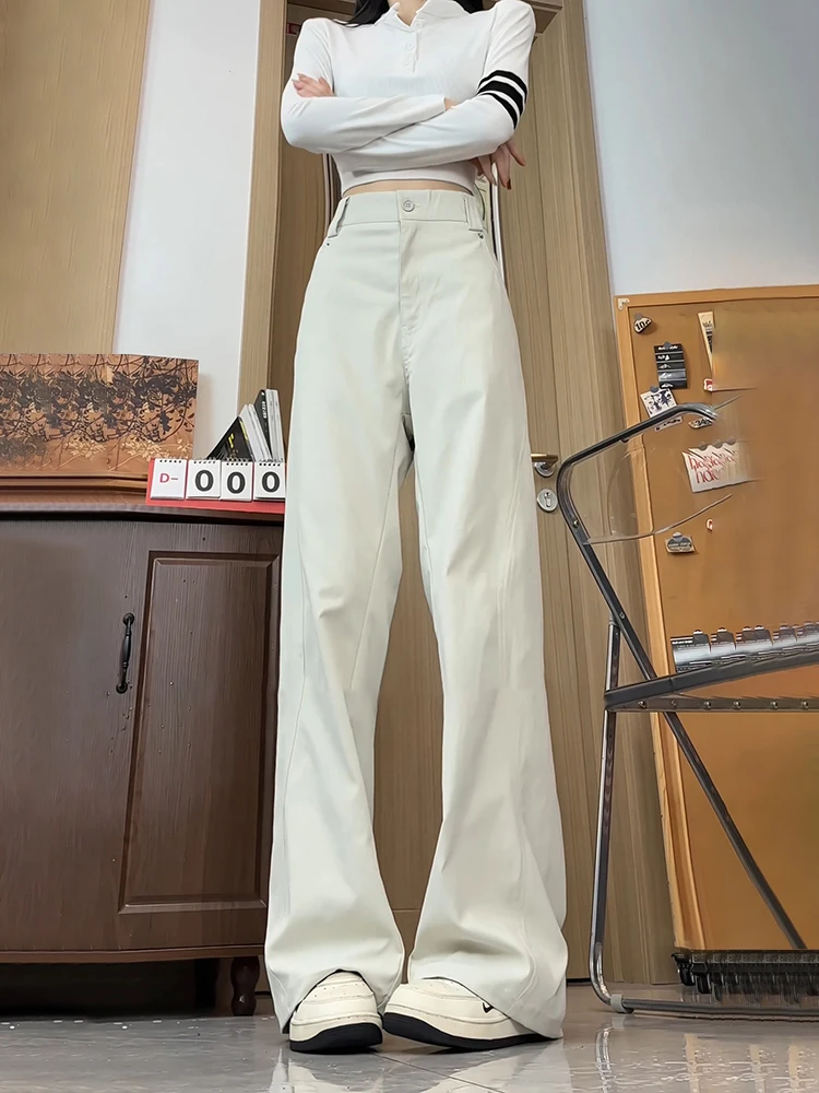 

Хаки Американские широкие брюки для мужчин и женщин Осенние брюки с высокой посадкой для похудения прямого кроя Свободный крой Повседневные брюки Микро расклешенные