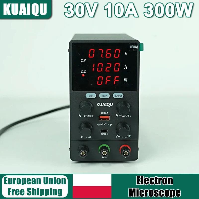 

KUAIQU OCP OVP Регулируемый источник питания постоянного тока 30 В 10 А 300 Вт Настольный регулятор напряжения Зуммер 18 Вт Быстрая зарядка Ремонт Гальваника