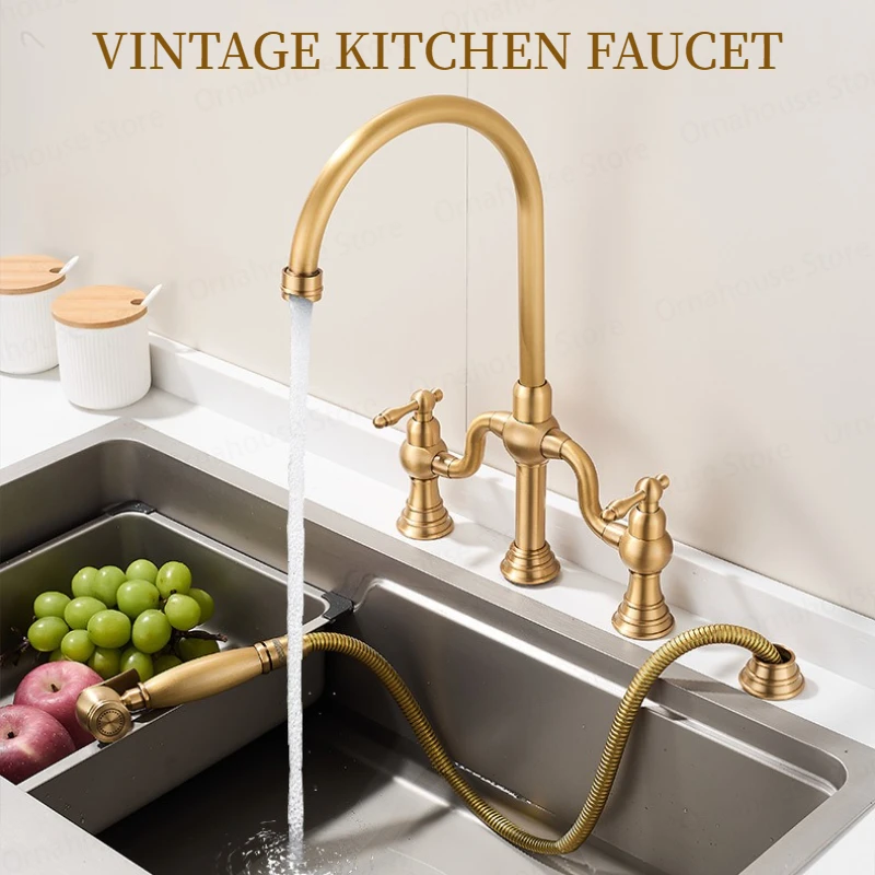 Retro Kitchen Faucet Solid Brass Double Handle Hot and Cold Water Faucet 3-hole Rotating Easy To Install Mixing Faucet