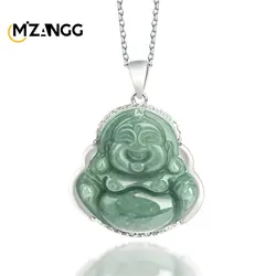 Natural Vintage Maitreya Buddha Pendant S925 Silver Inlaid Jade Buddha Necklaces Green Jadeite Lucky Amulet Necklace