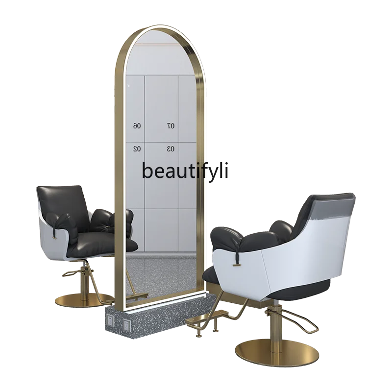 

Barber Shop Mirror Hair Salon Dressing Table for Hair Salon with Light Double-Sided Hair Cutting Floor Dressing Table