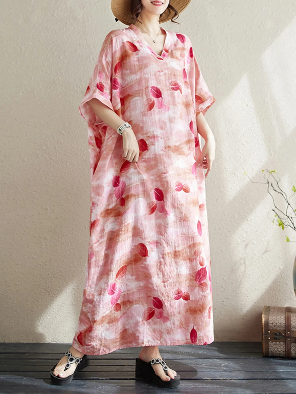 Verano Floral Vaion Sle largo Retro algodón Lino Dr hasta la rodilla Batwing Sve V-Ne H-ape Casual Commute Dr