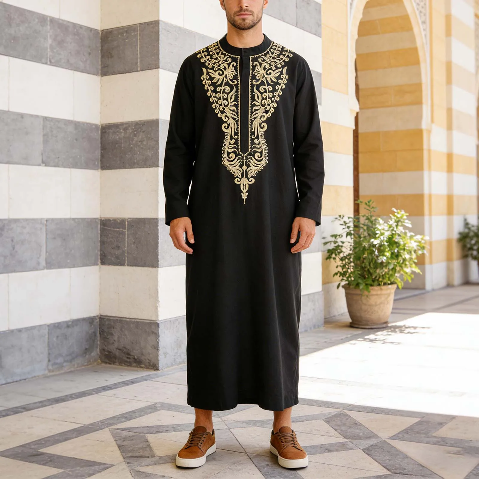 Muslim Robes Men's Long Sleeve Embroidered Jubba Thobe Islamic Arabian Kaftan Middle East Dubai Abaya Islam Clothing Prayer Robe
