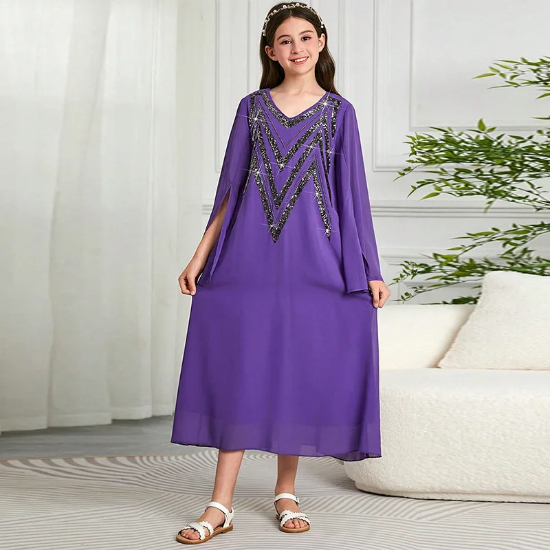 

Ид мусульманские дети для девочек с блестками Абая шифоновое платье макси халат детская Рамадан исламская одежда арабский Турция марокко кафтан арабский