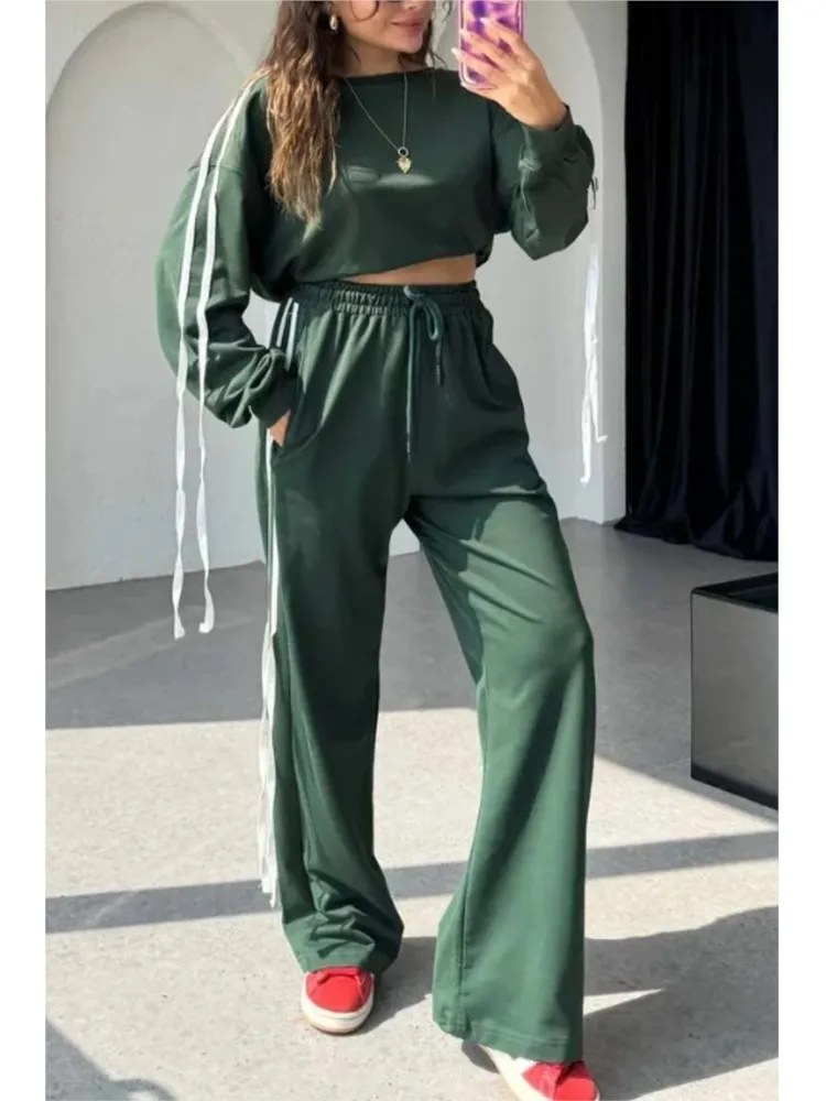 Autumn Winter Stripe Patchwork Sporty Style Pants Sets Women Casual Short Pullover Sweatshirt High Waist Trousers Two Piece Set