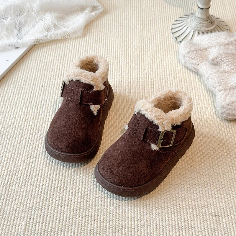 Toddler Suede Winter Fleece Lined Ankle Boots, Kids Adjustable Buckle Warm Thick‑Sole Snow Boots 2 Colors