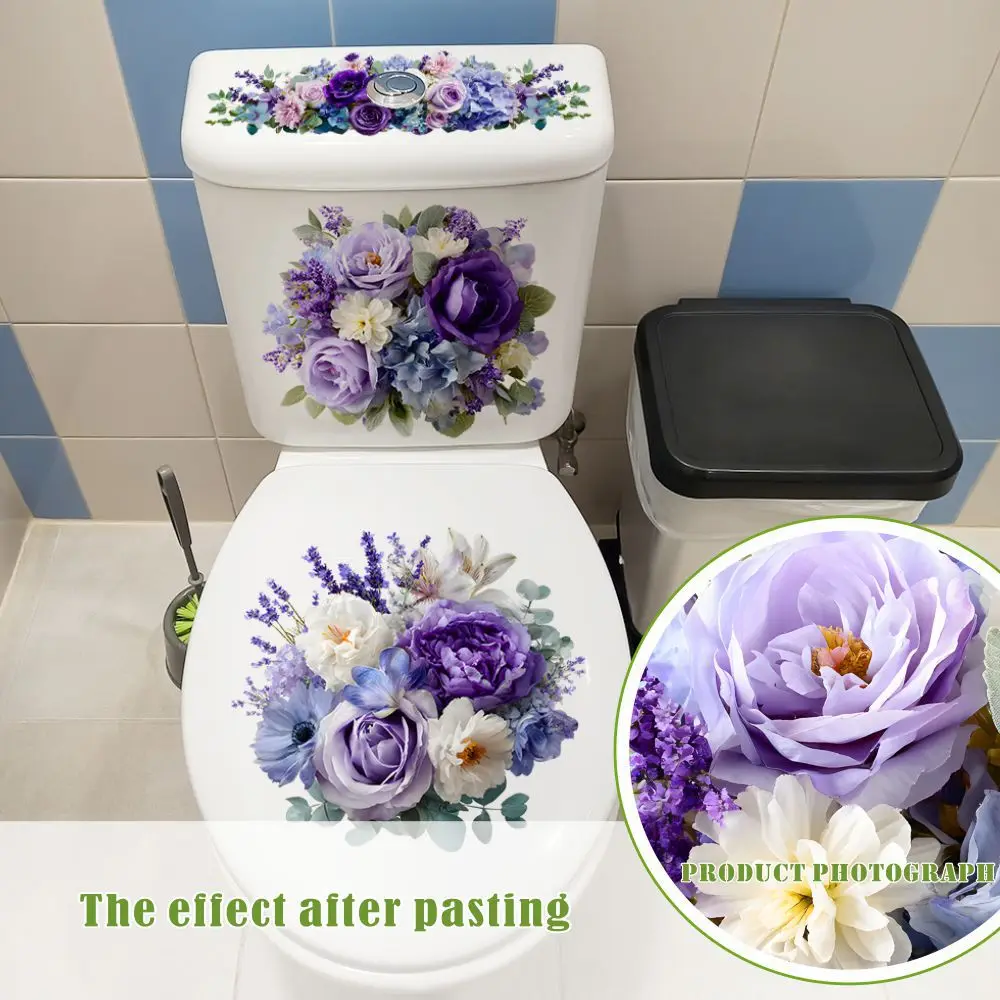 Purple Rose Toilet Seat Stickers - 3Pcs Waterproof Bathroom Decor Set, Self-Adhesive Floral Toilet Lid Decals for WC Tank & Seat