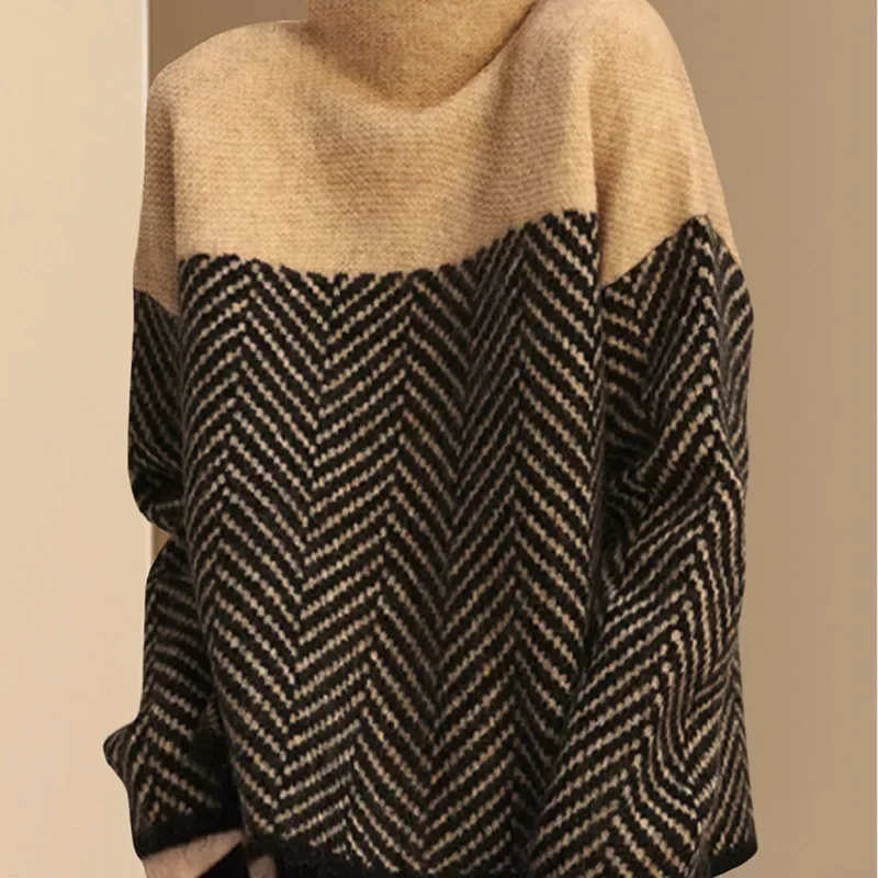 Women Turtleneck Sweater Vintage Patchwork Autumn Winter Knitted Tops Casual Loose Pullovers Korean Fashion Simple Jumpers