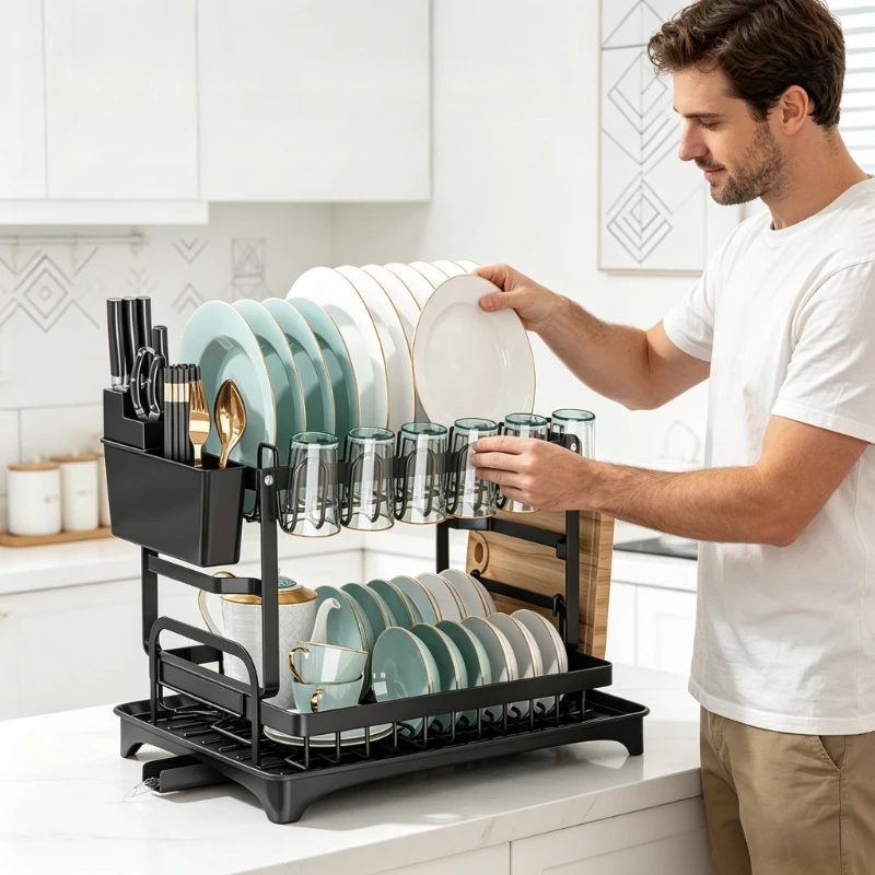 

Двухуровневая металлическая сушилка для посуды на кухонную столешницу, подставка для сушки тарелок с поддоном для сбора воды