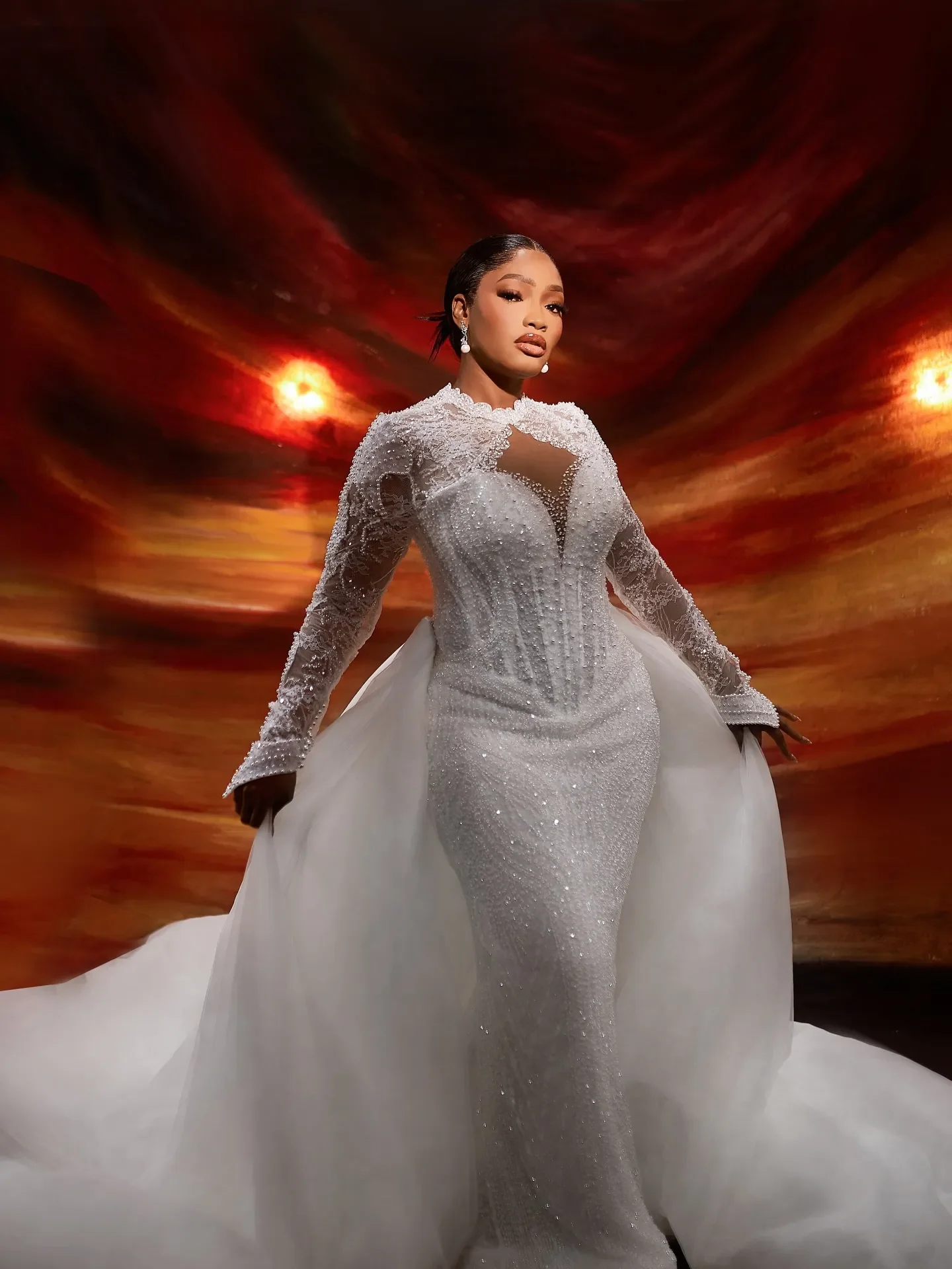 Customized High Collar Sparkly Heavy Beads Pearl Wedding Dress with Removable Skirt Robe De Mariée Lace Long Sleeve  Bridal Gown