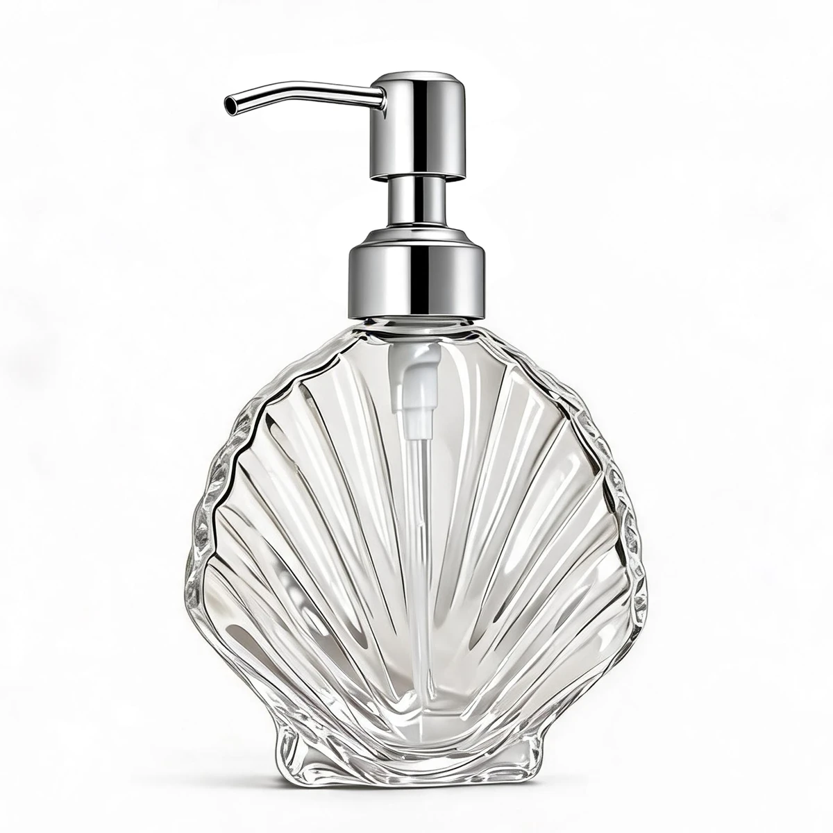 Glass Soap Dish - เครื่องจ่ายสบู่แก้วเปลือกหอยตกแต่งพร้อมปั๊มสแตนเลส, ขวดสบู่เหลวแบบรีฟิลสำหรับห้องครัวห้องน้ำ, 300 มล.