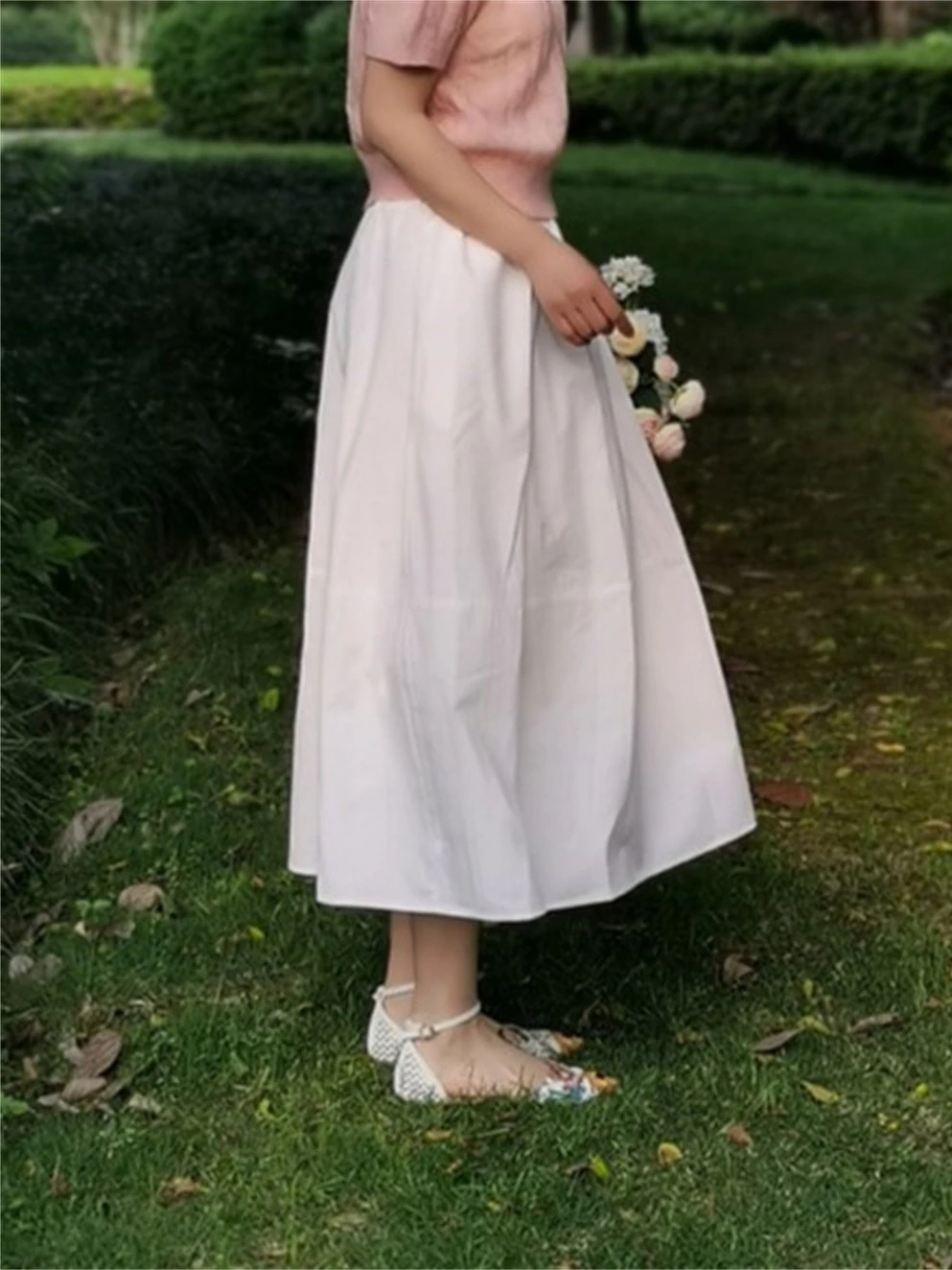 

Юбка миди А-силуэта с высокой талией, юбка-парасолька, скрывающая бедра, белая, длиной до колена, женская, модная, весенняя, хлопковая