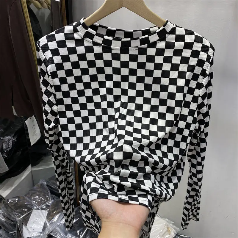 Plaid Clothing Long Sleeve T-shirt Woman Loose Women's Top Luxury New In Young On Sale Tees Offe Aesthetic Polyester O Pulovers