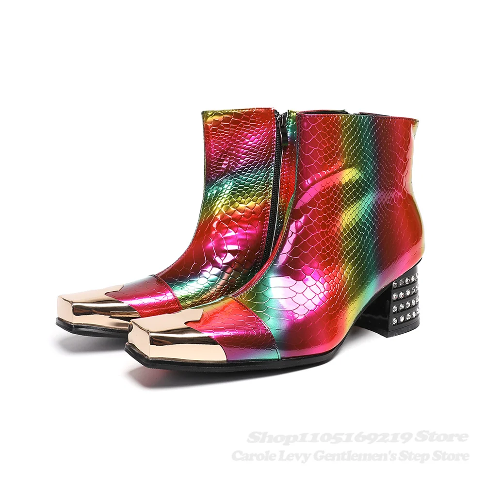 Iridescent Snake Print Short Boot Men Iron Square Toe Chunky Heel Rivets Thick Heel Side Zipper Handmade Winter New Ankle Boot