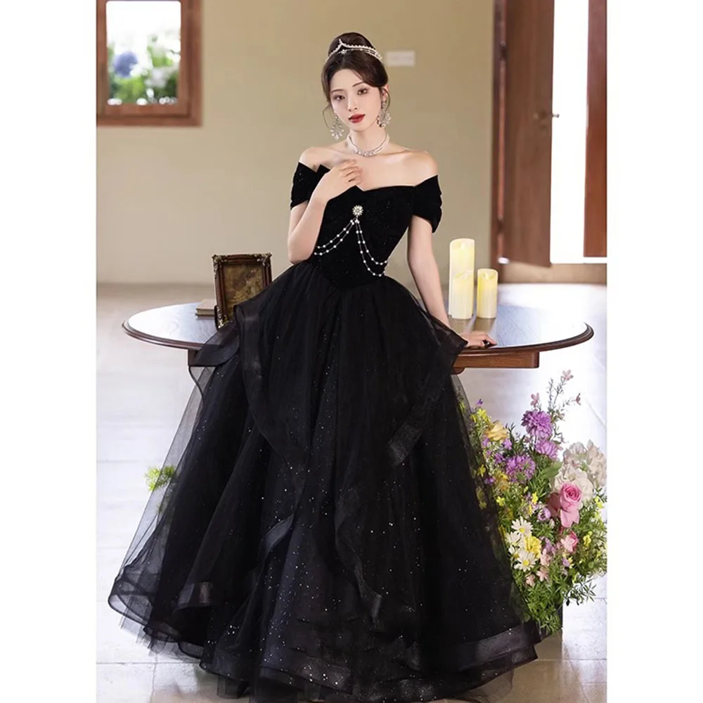 

Женское вечернее платье, зимнее платье с открытыми плечами и воротником из бисера, черное бархатное тюлевое платье трапециевидной формы для выпускного вечера, женское элегантное платье для выступлений