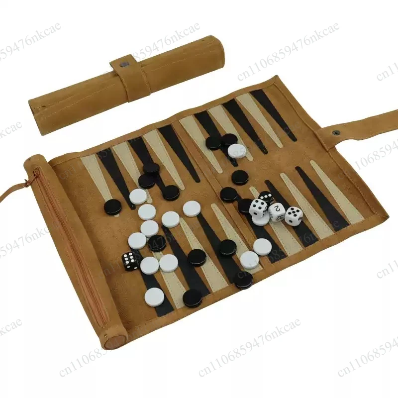 Portable Backgammon Chess Set Roll Up Storage Suede Case with Black White Pieces Travel Board Game Outdoor Popular