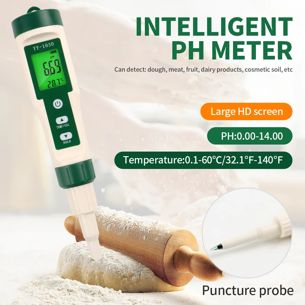 

YY1030 PH Tester Dough Alkalinity Meter Fruit Cheese Cosmetics Food PH Meter 0.00-14.00 Soil Matrix PH Detector Temperature