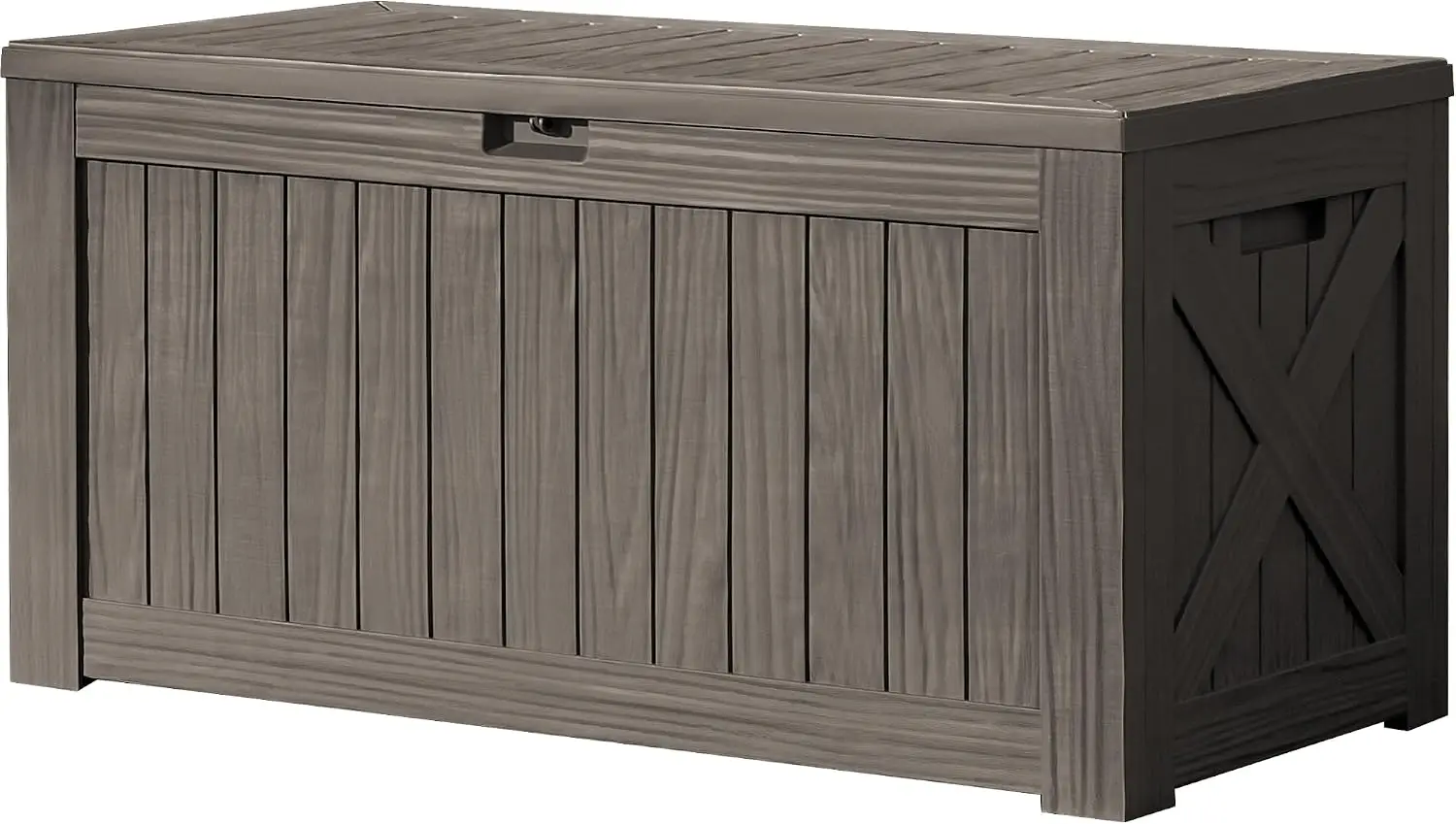 120 Gallon Large Deck Box Outdoor Storage Cabinet Waterproof Resin Storage Bench Lockable Yard Patio Organizer Frame For Lawn Cushion Pool Tools Furniture Natural Wood Grain