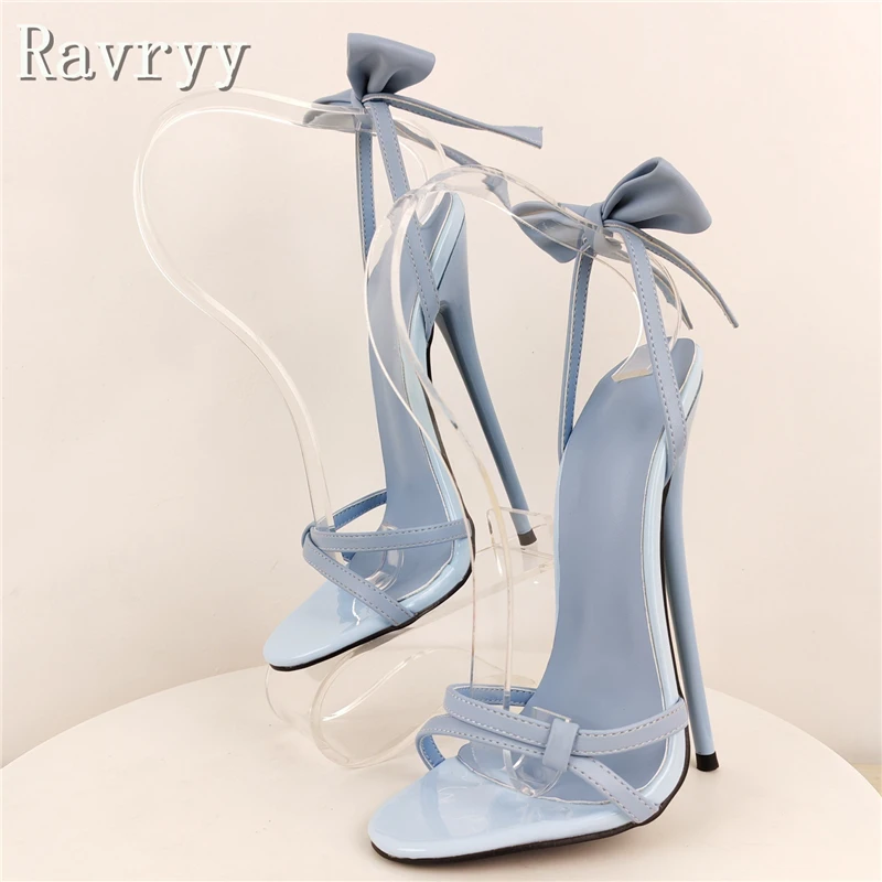 

Designer New Women 16cm Super High Heel Sandals Open Toe Butterfly Knot Light Blue Red Black Stilettos Fashion Runway Show Shoes