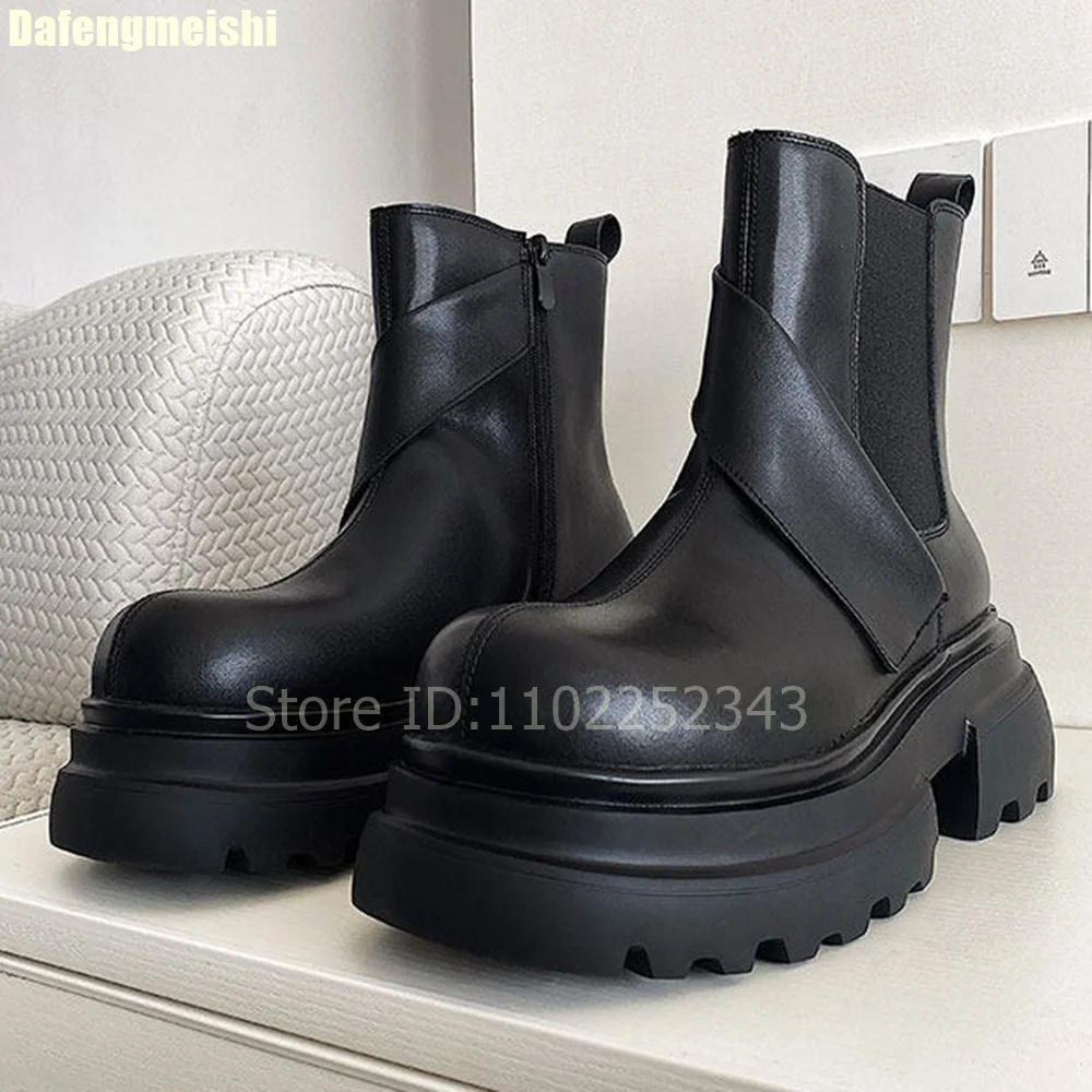 2026 Autumn/winter New Style Fleece-Lined Chelsea Boots 7Cm Thick Sole Wedges Height Increase Black Leather Motorcycle Boots