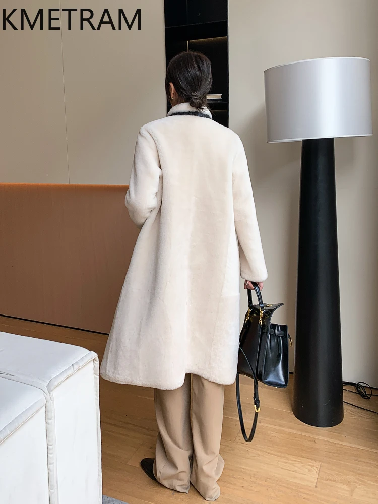 Damska kurtka z prawdziwej wełny owczej Merino, dwustronna, biała, długa, zimowa odzież damska 2025, futrzane kurtki