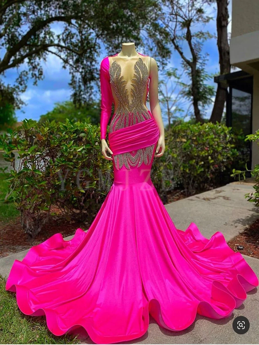 Hot Pink Rhinestone Prom Dresses Mermaid 2025 Luxury Black Girl Beaded Long Sleeve Backless Formal Evening Gown for Graduation