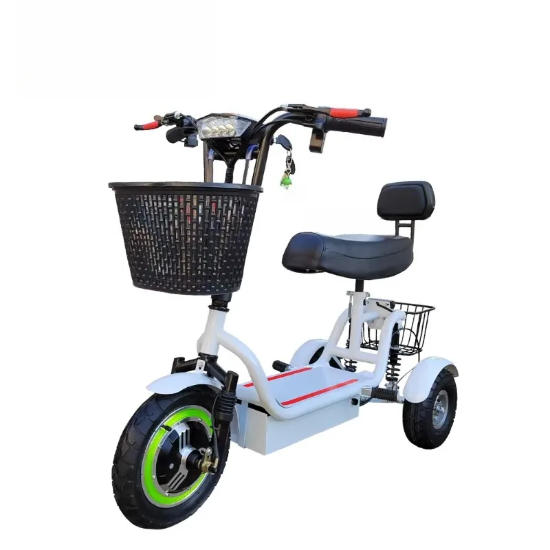 

High-quality premium white mini three-wheel electric scooter with lead-acid batteries, front basket and seat